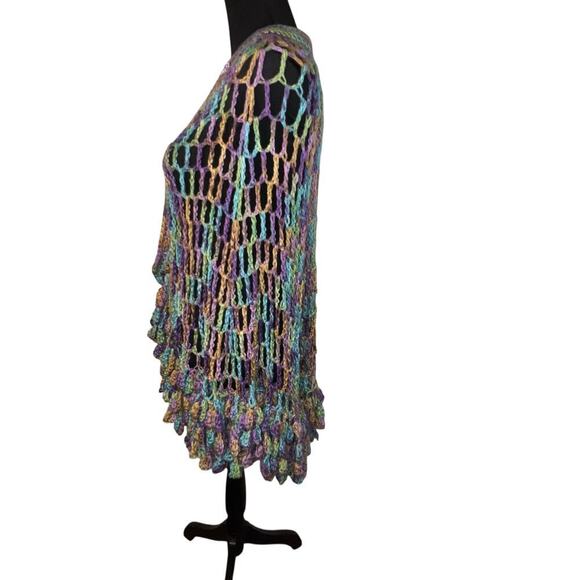 Open knit crochet pastel bobble gold-tone clasp hand knitted Gypsy Girl Shawl - Picture 6 of 8